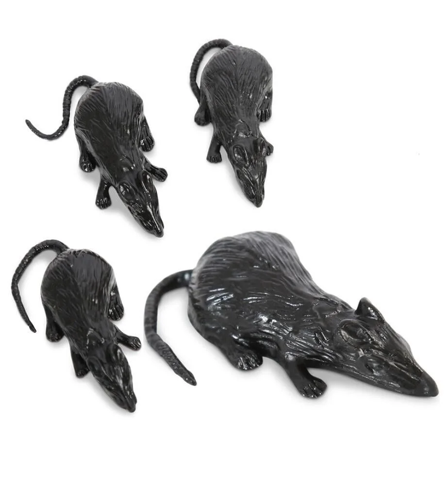 Grusel-Deko Mäuse • 4er-Set • Schwarze Kunststoff-Mäuse für Halloween & Party